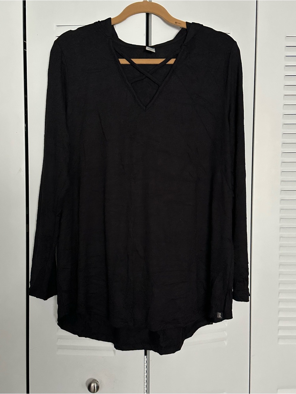 Black Long-Sleeve V-Neck Hoodie with Crisscross Detail